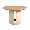 Hexagonaal Houten Tafel met Minimalistische Metaalbasis