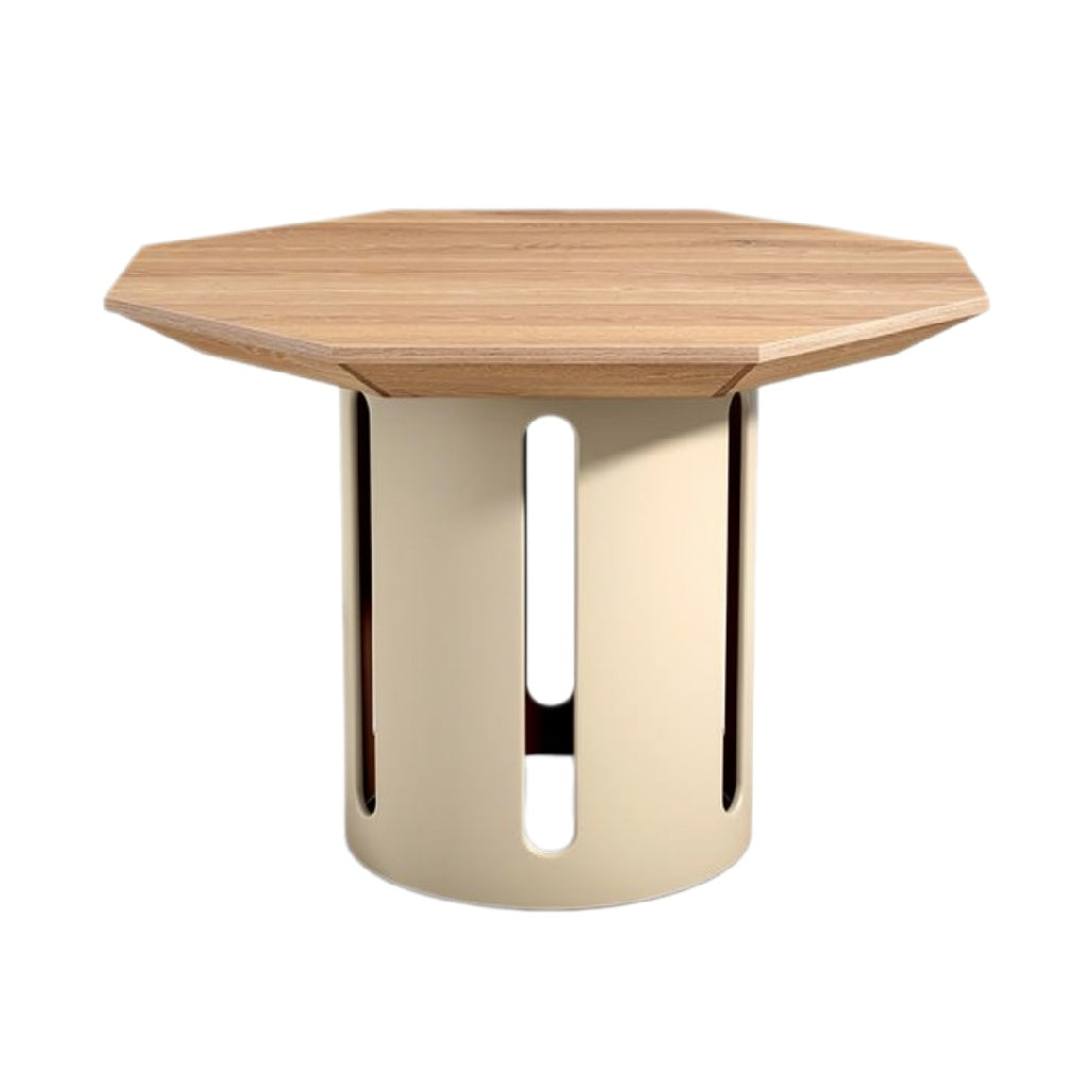 Hexagonaal Houten Tafel met Minimalistische Metaalbasis