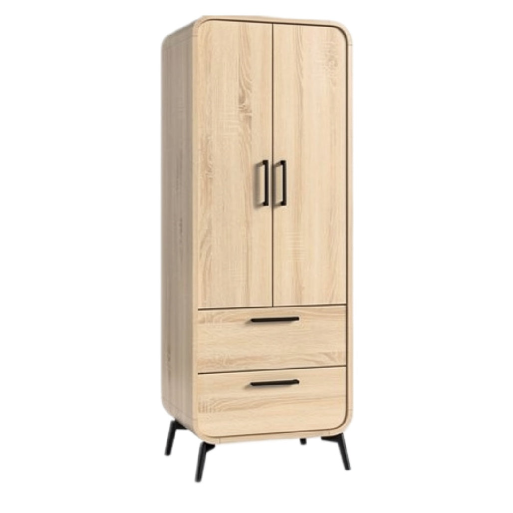 Technische Titel: "Moderne Houten Kledingkast met Lades en Metalen Handgrepen"
