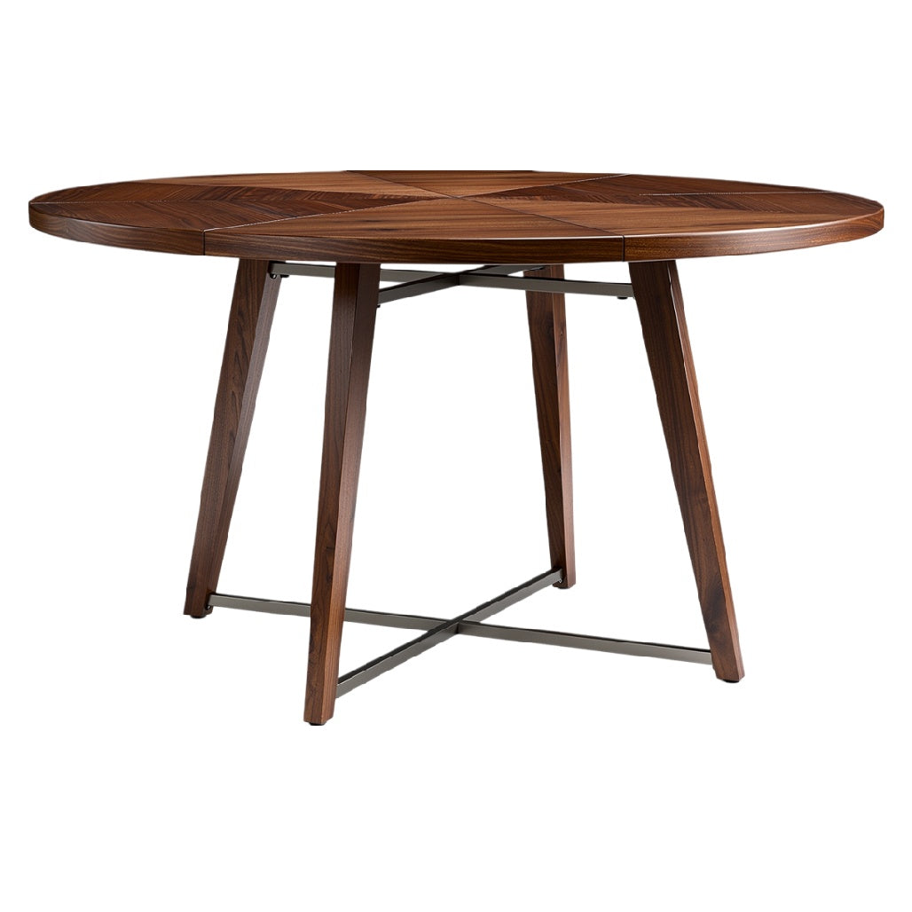 Ronde houten tafel met metalen onderstel en geometrisch patroon