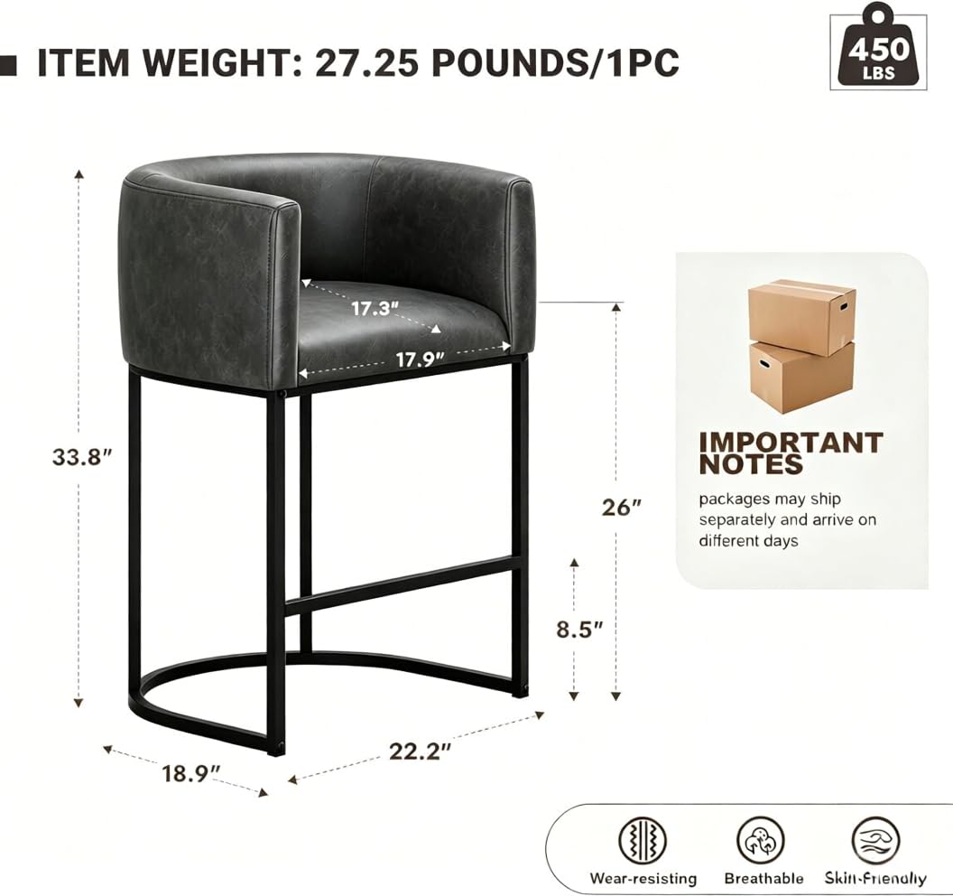 26" H Counter Height Bar Stools Set of 2, Modern Barrel Counter Stools with Backrest and Arms, Linen Fabric Upholstered Accent Barstools for Kitchen Island,Support 450 LBS (Beige)