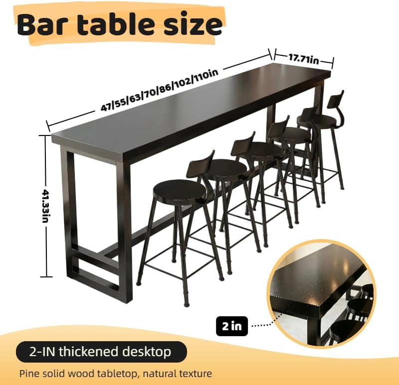 47in Black Industrial Long Bar Table