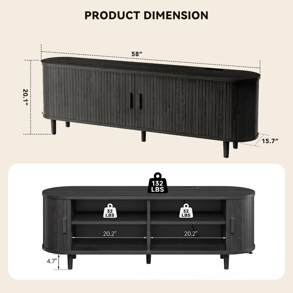 65" Mid Century Modern TV Stand with Power Outlet, Fluted Entertainment Center with Storage and Adjustable Shelves, Wood TV Console with Sliding Doors for Living Room, Walnut