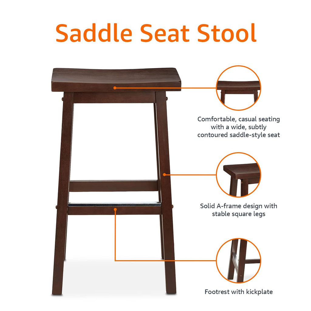 Amazon Basics Solid Wood Saddle-Seat Counter Height Bar Stools for Kitchen Island with Footrest, 24-Inch Height, Walnut, Set of 2