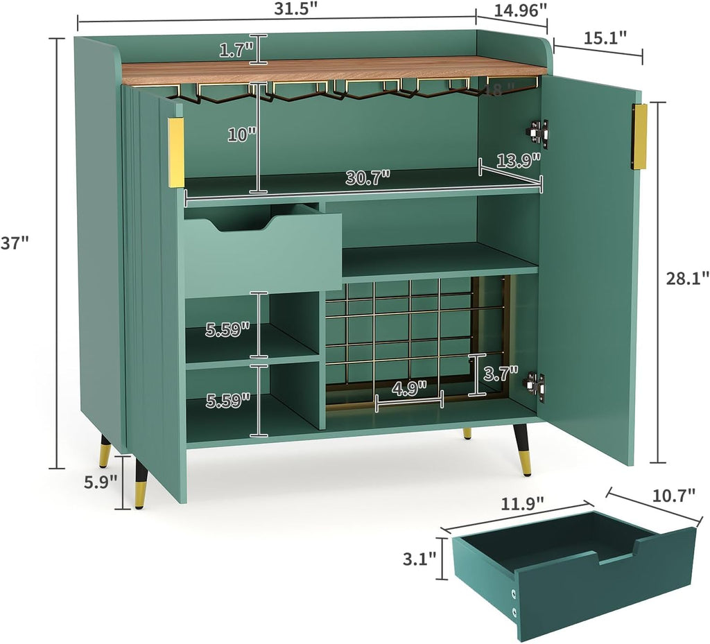 32" Fluted Bar Cabinet with Wine Rack, Green Liquor Wine Cabinet, Green