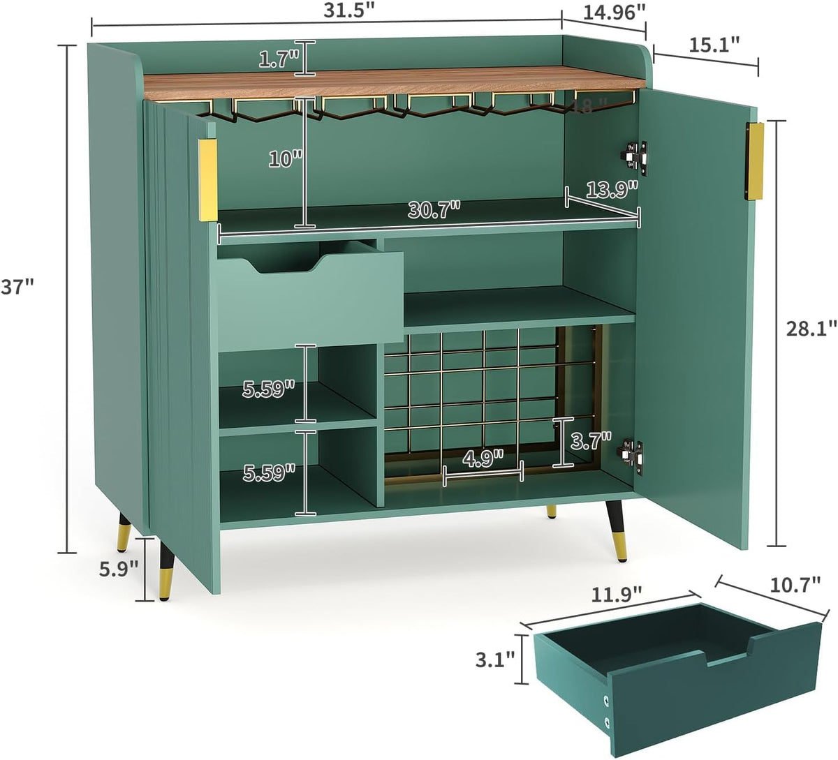 32" Fluted Bar Cabinet with Wine Rack, Green Liquor Wine Cabinet, Green
