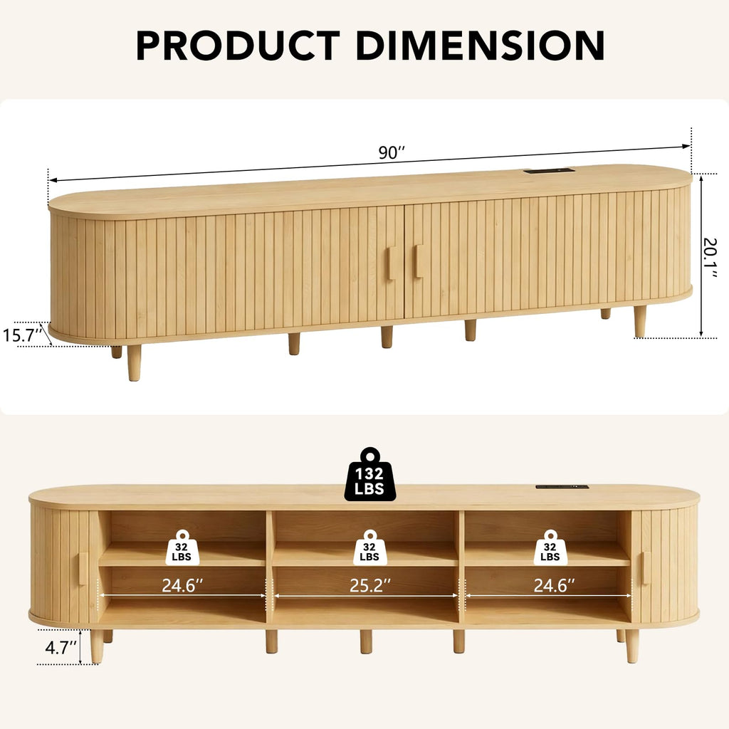 65" Mid Century Modern TV Stand with Power Outlet, Fluted Entertainment Center with Storage and Adjustable Shelves, Wood TV Console with Sliding Doors for Living Room, Walnut