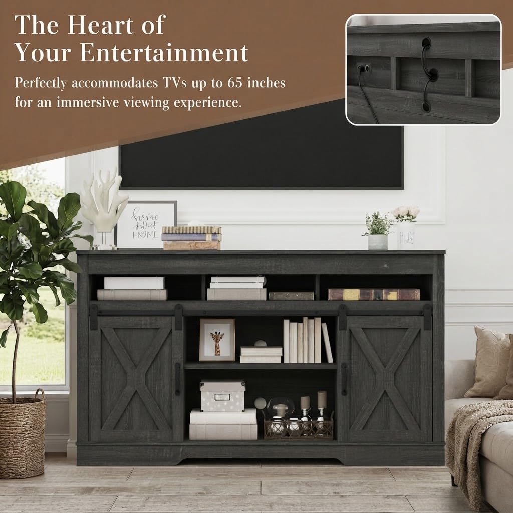 58" Farmhouse TV Stand with Sliding Barn Doors for TVs up to 65 Inch, Entertainment Center with Adjustable Shelves, Wood Media Console Storage Cabinet for Living Room Bedroom, White