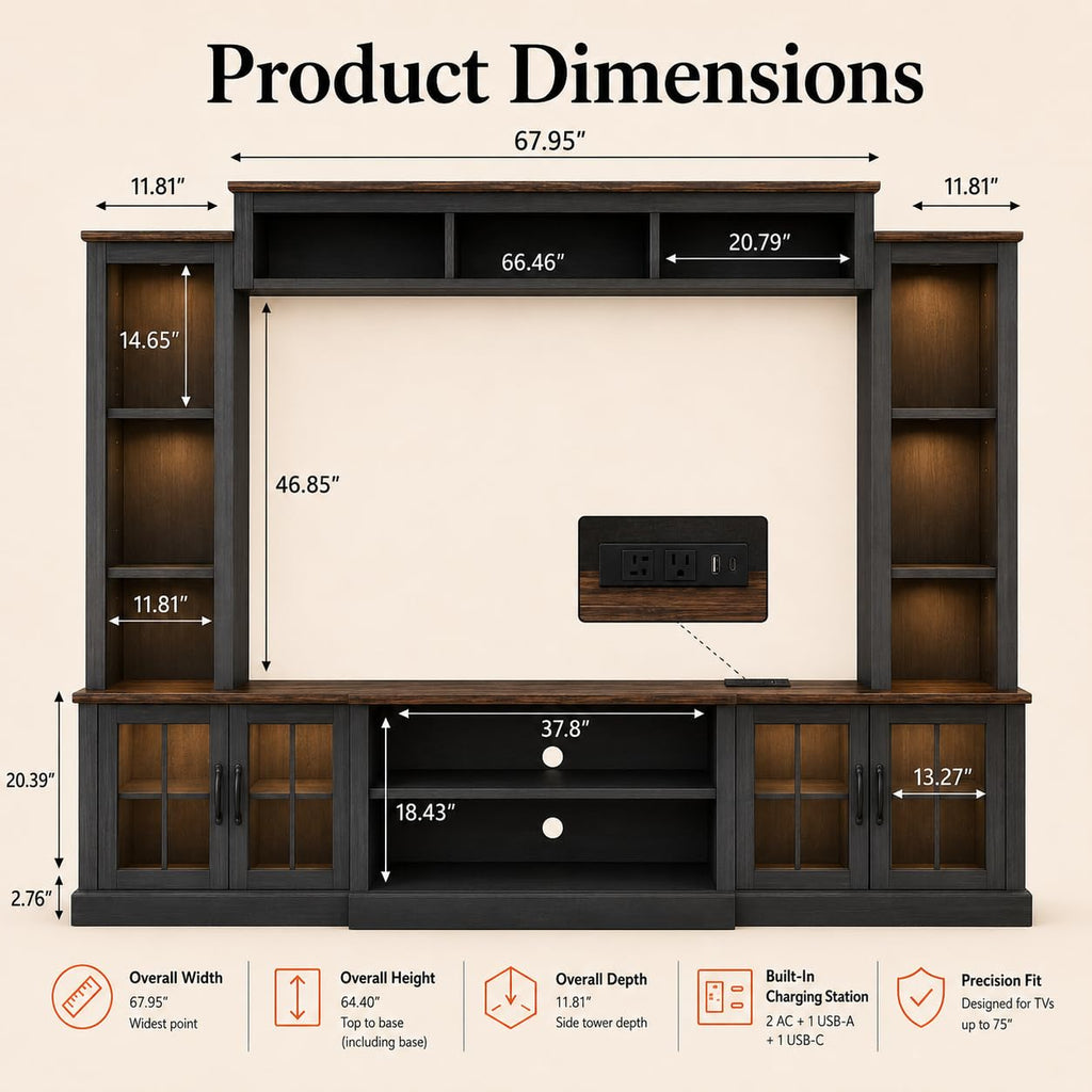 White Farmhouse TV Stand, Entertainment Center, 98" Wall Unit Media Console with Bookshelf, Cabinet & Power Outlets & Barn Doors, Fits TVs Up to 75â for Living Room