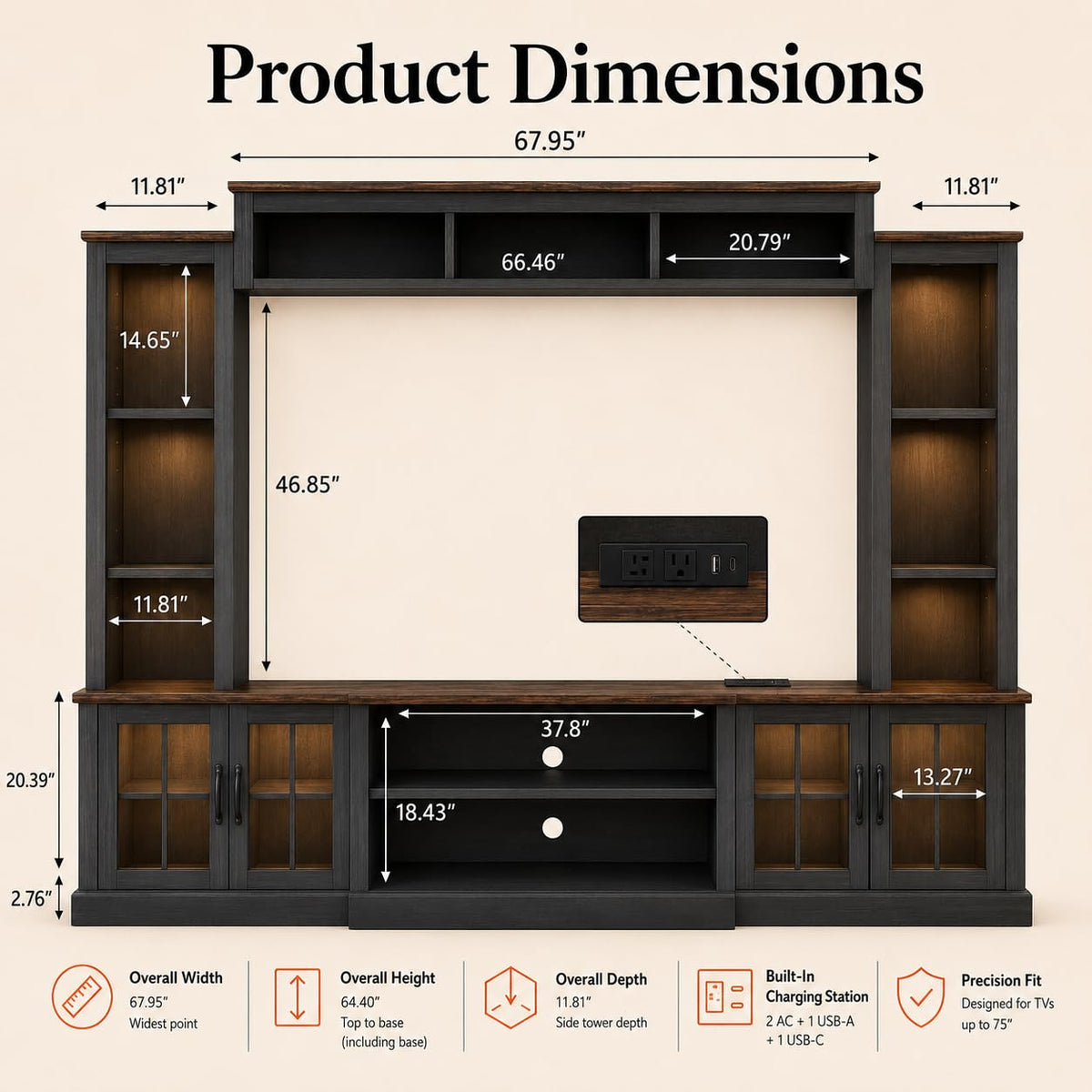 White Farmhouse TV Stand, Entertainment Center, 98" Wall Unit Media Console with Bookshelf, Cabinet & Power Outlets & Barn Doors, Fits TVs Up to 75â for Living Room