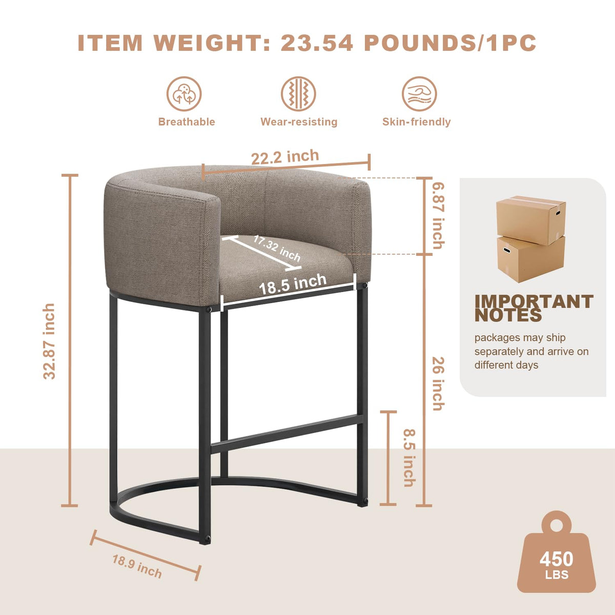 26" H Counter Height Bar Stools Set of 2, Modern Barrel Counter Stools with Backrest and Arms, Linen Fabric Upholstered Accent Barstools for Kitchen Island,Support 450 LBS (Beige)