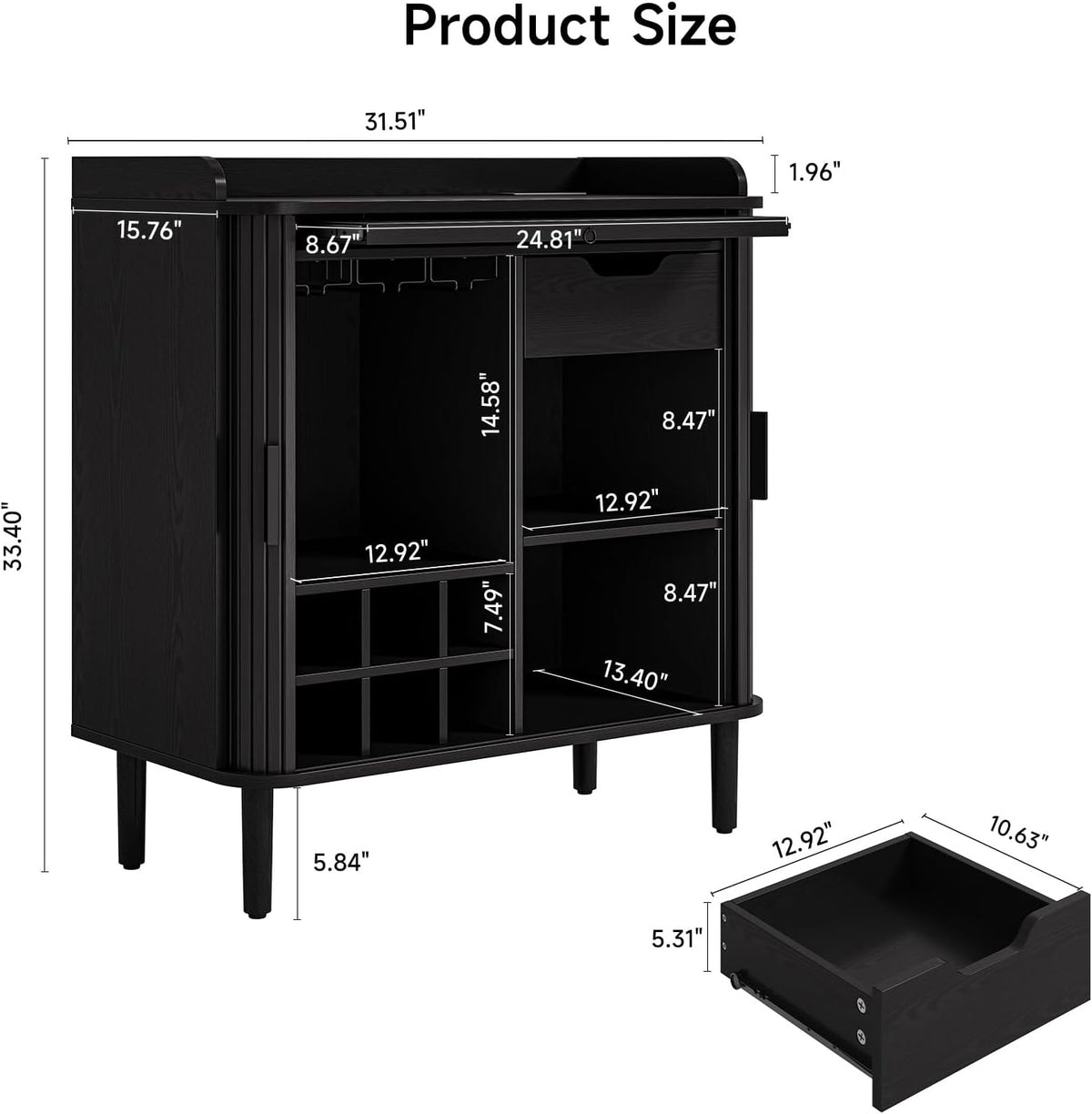 ONBRILL Fluted Bar Cabinet with Storgae, Wine Cabinet, 33" H, Black
