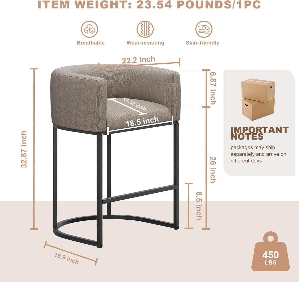 26" H Counter Height Bar Stools Set of 2, Modern Barrel Counter Stools with Backrest and Arms, Linen Fabric Upholstered Accent Barstools for Kitchen Island,Support 450 LBS (Beige)
