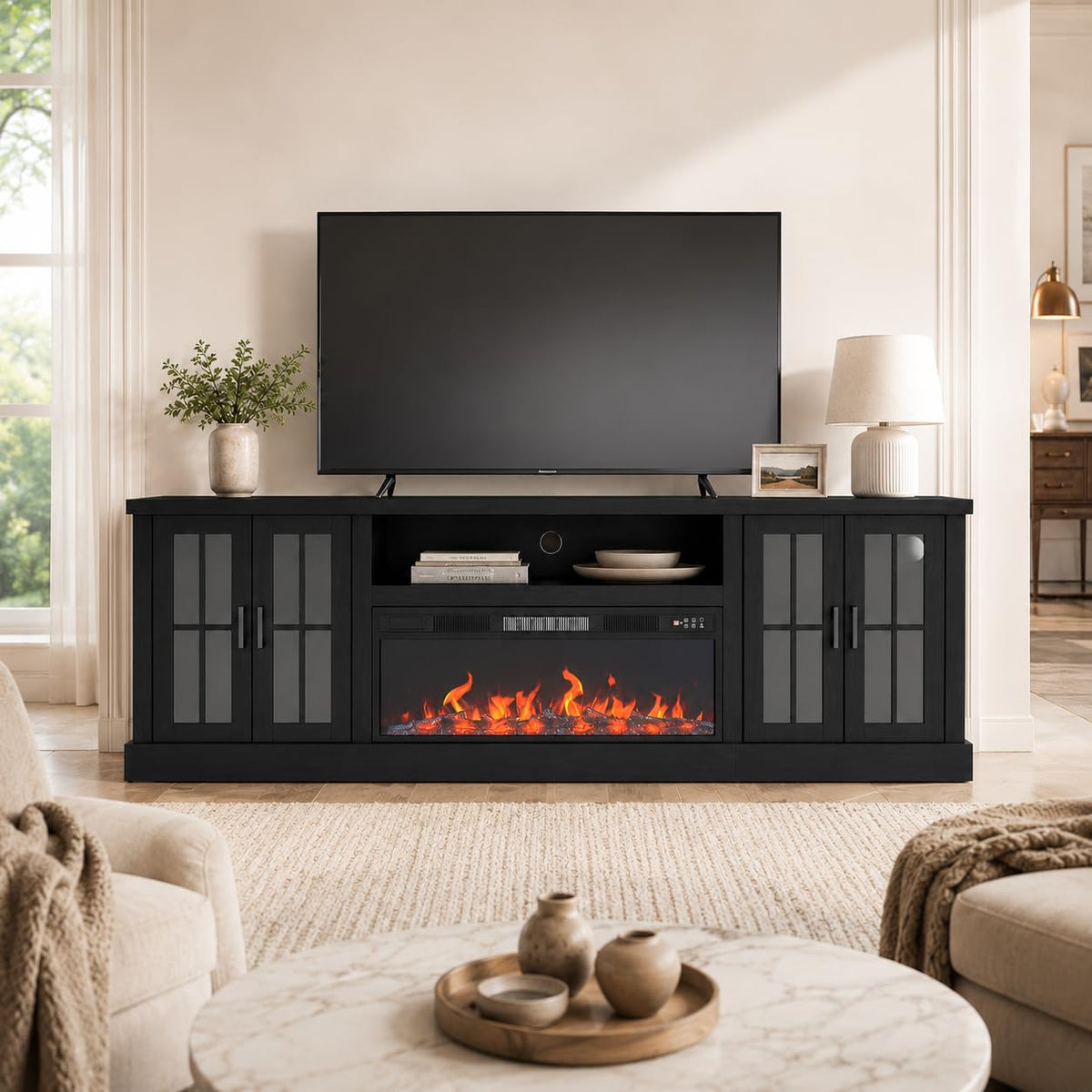 White Farmhouse TV Stand, Entertainment Center, 98" Wall Unit Media Console with Bookshelf, Cabinet & Power Outlets & Barn Doors, Fits TVs Up to 75â for Living Room
