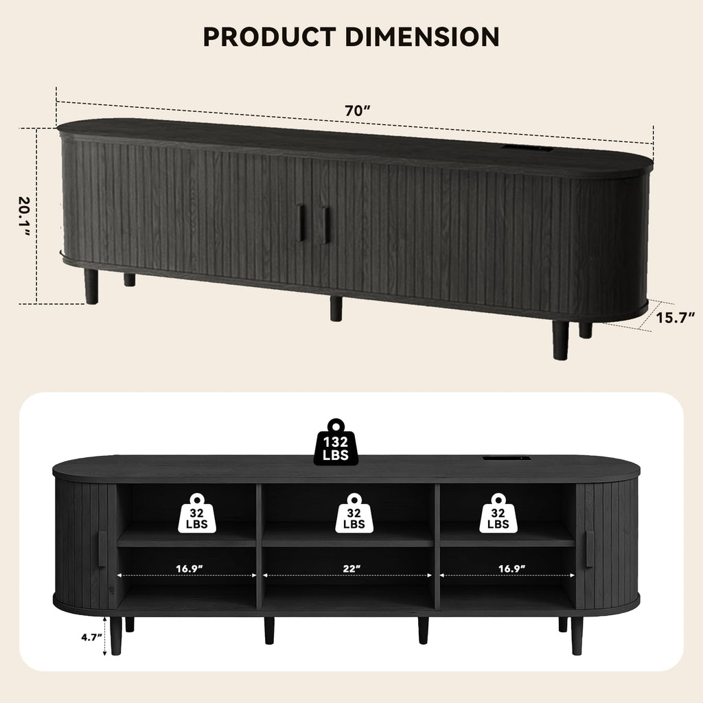 65" Mid Century Modern TV Stand with Power Outlet, Fluted Entertainment Center with Storage and Adjustable Shelves, Wood TV Console with Sliding Doors for Living Room, Walnut