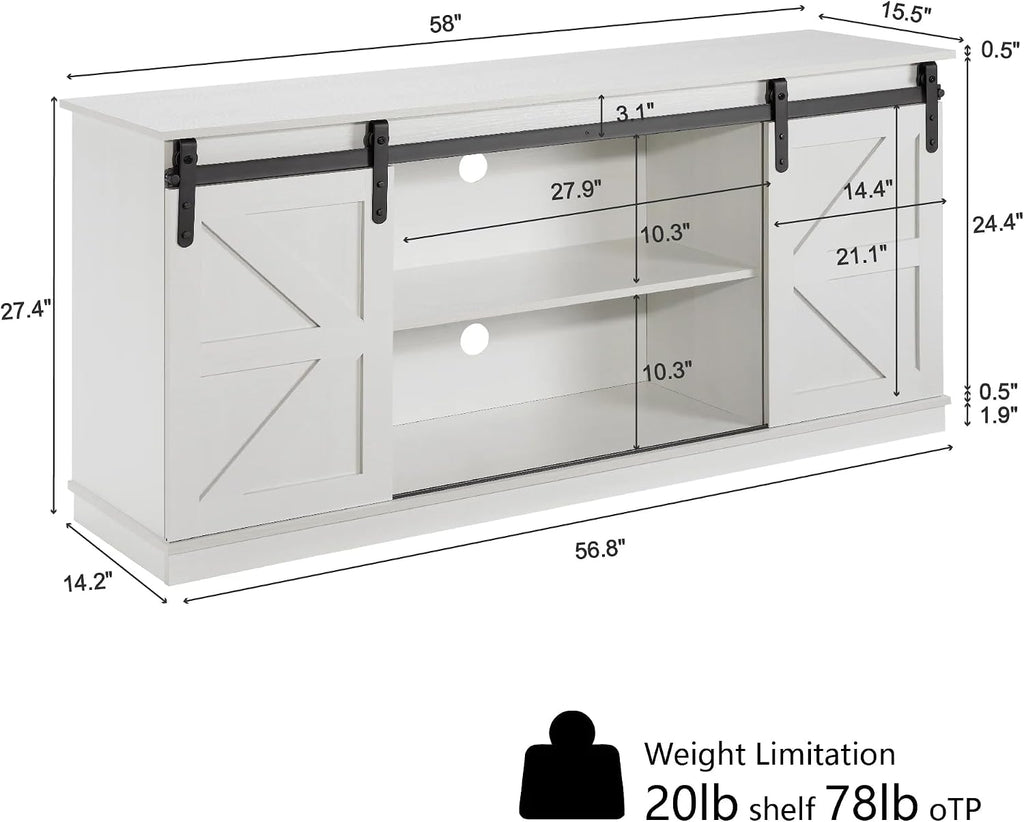 58'' Farmhouse TV Stand for Televisions up to 65 Inches, Entertainment Center with Sliding Barn Doors, White TV Consoles with Adjustable Shelves and Storage Cabinets for Living Room