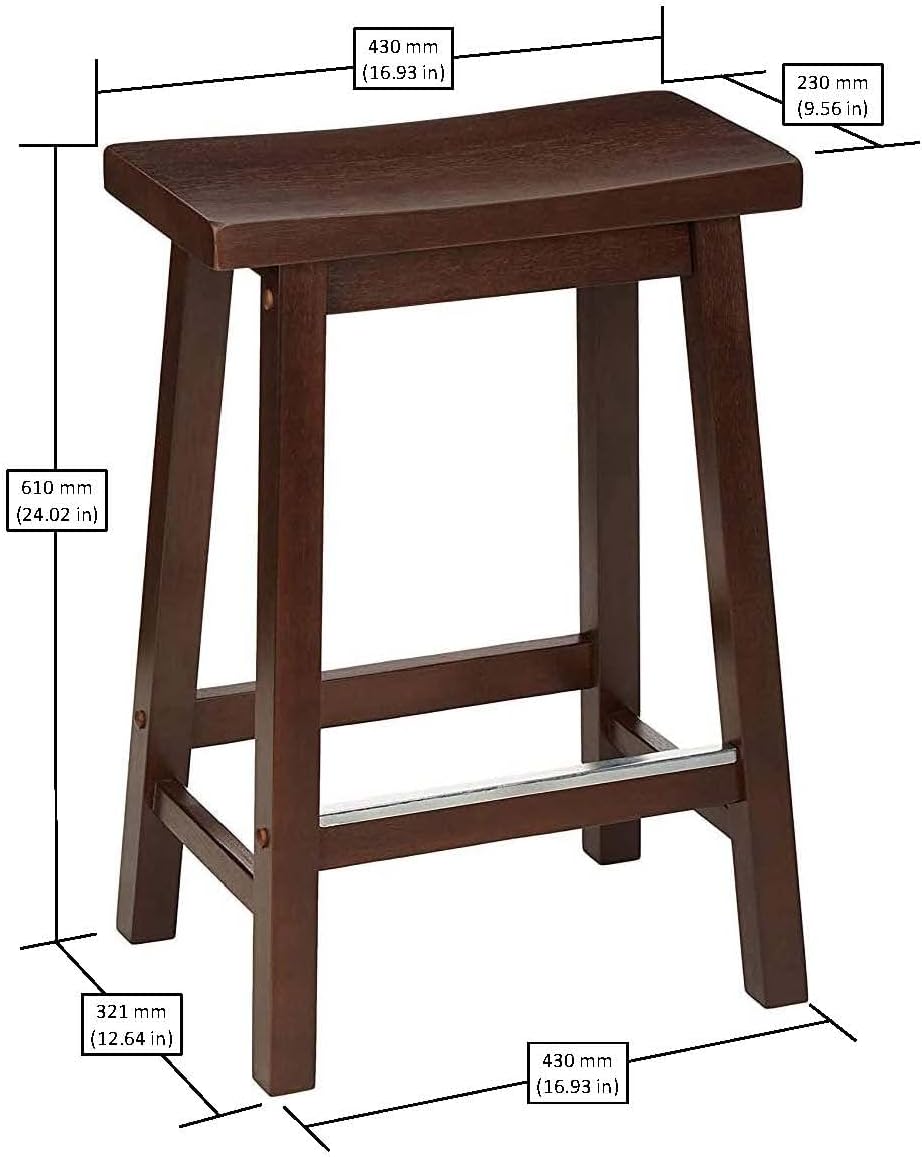 Amazon Basics Solid Wood Saddle-Seat Counter Height Bar Stools for Kitchen Island with Footrest, 24-Inch Height, Walnut, Set of 2