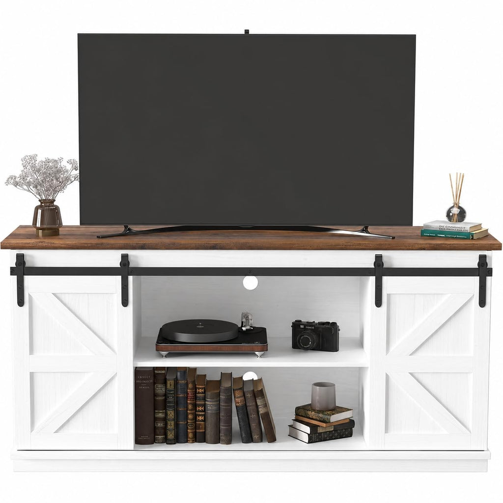 JUMMICO TV Stand for 65 Inch TV, Sliding Barn Doors, Bright White