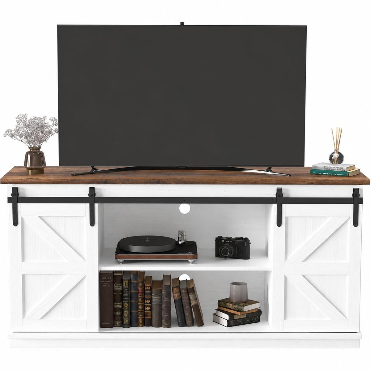 JUMMICO TV Stand for 65 Inch TV, Sliding Barn Doors, Bright White