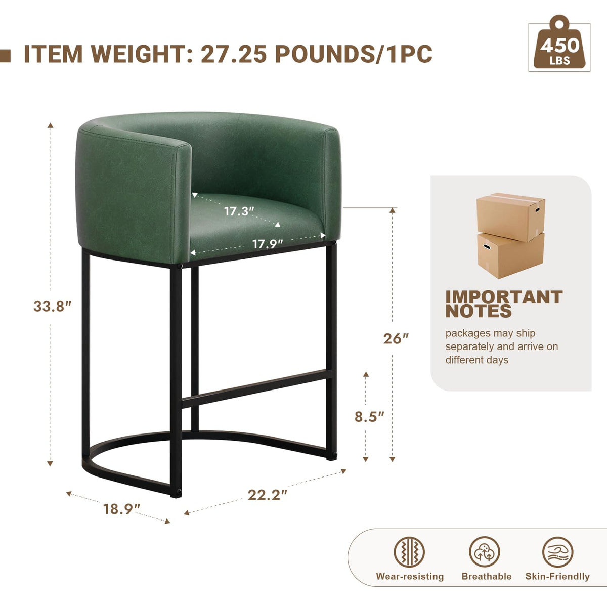 26" H Counter Height Bar Stools Set of 2, Modern Barrel Counter Stools with Backrest and Arms, Linen Fabric Upholstered Accent Barstools for Kitchen Island,Support 450 LBS (Beige)