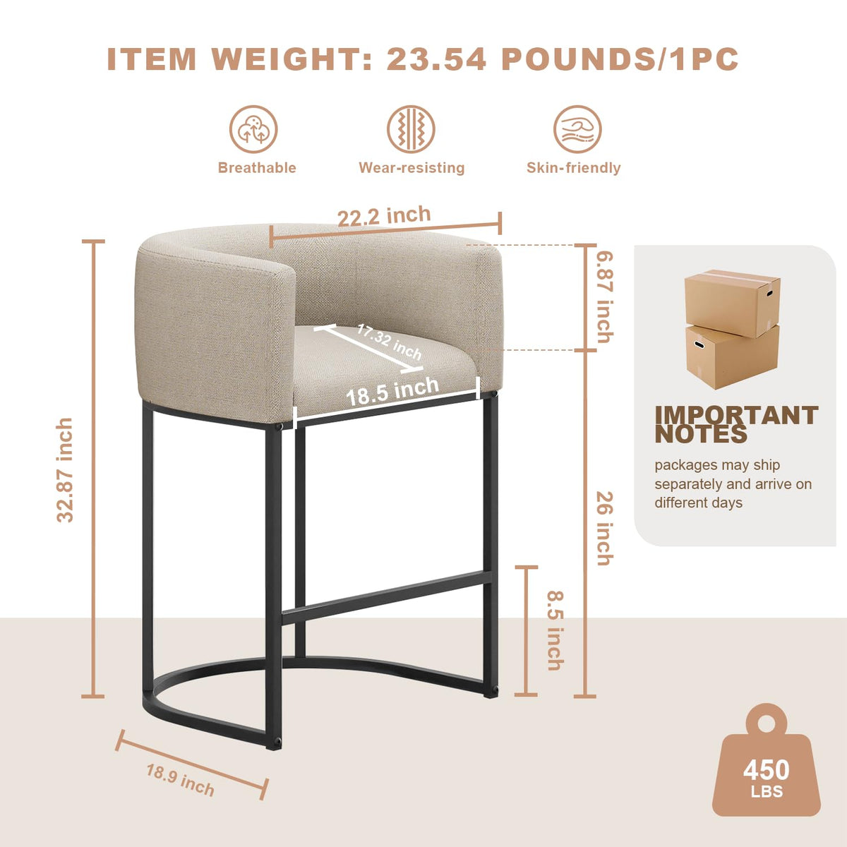26" H Counter Height Bar Stools Set of 2, Modern Barrel Counter Stools with Backrest and Arms, Linen Fabric Upholstered Accent Barstools for Kitchen Island,Support 450 LBS (Beige)