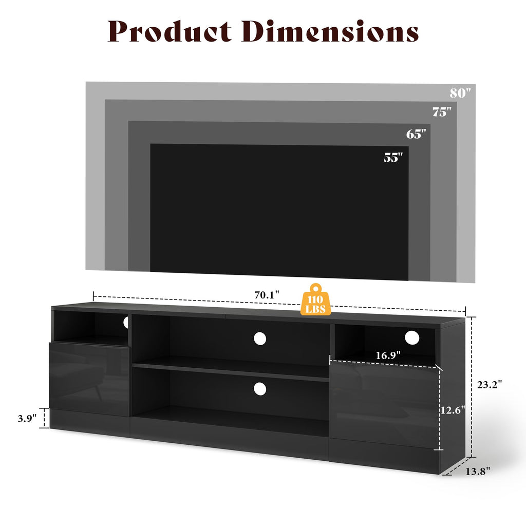AMERLIFE 70" High-Gloss TV Stand for TVs up to 80" with LED Lights