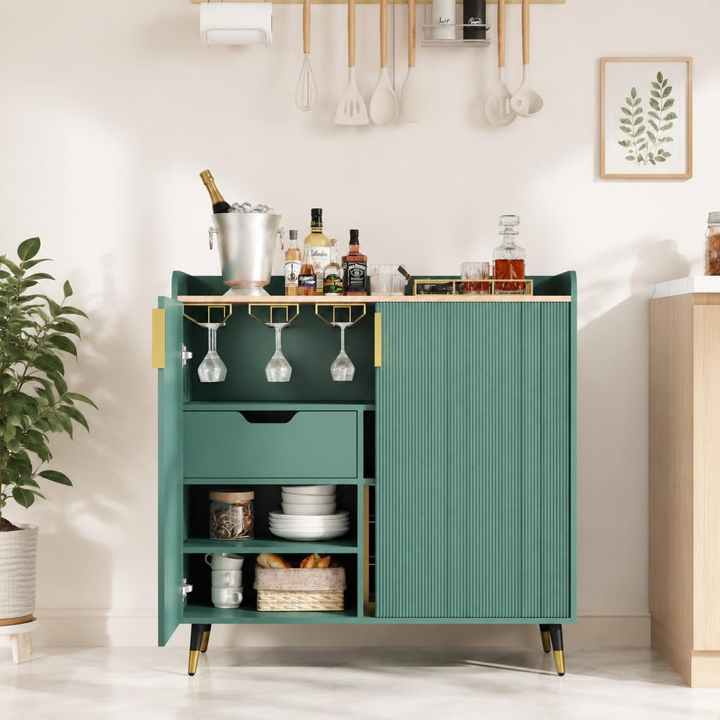 32" Fluted Bar Cabinet with Wine Rack, Green Liquor Wine Cabinet, Green
