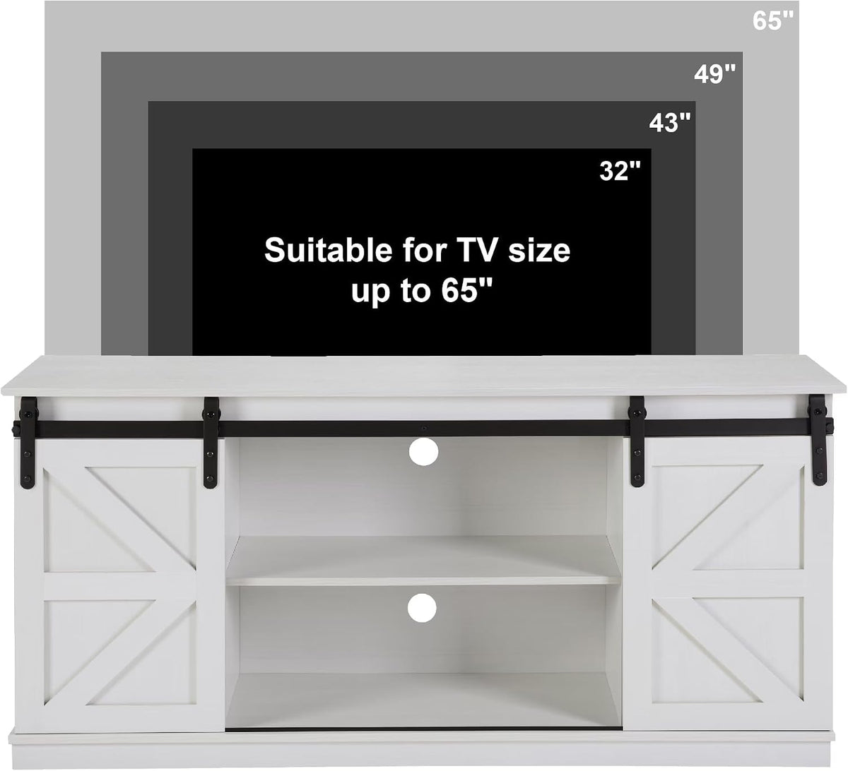 58'' Farmhouse TV Stand for Televisions up to 65 Inches, Entertainment Center with Sliding Barn Doors, White TV Consoles with Adjustable Shelves and Storage Cabinets for Living Room