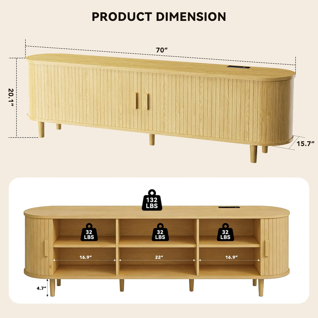 65" Mid Century Modern TV Stand with Power Outlet, Fluted Entertainment Center with Storage and Adjustable Shelves, Wood TV Console with Sliding Doors for Living Room, Walnut