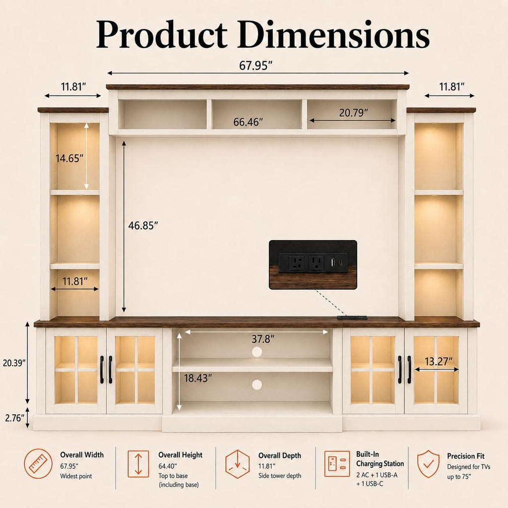 White Farmhouse TV Stand, Entertainment Center, 98" Wall Unit Media Console with Bookshelf, Cabinet & Power Outlets & Barn Doors, Fits TVs Up to 75â for Living Room