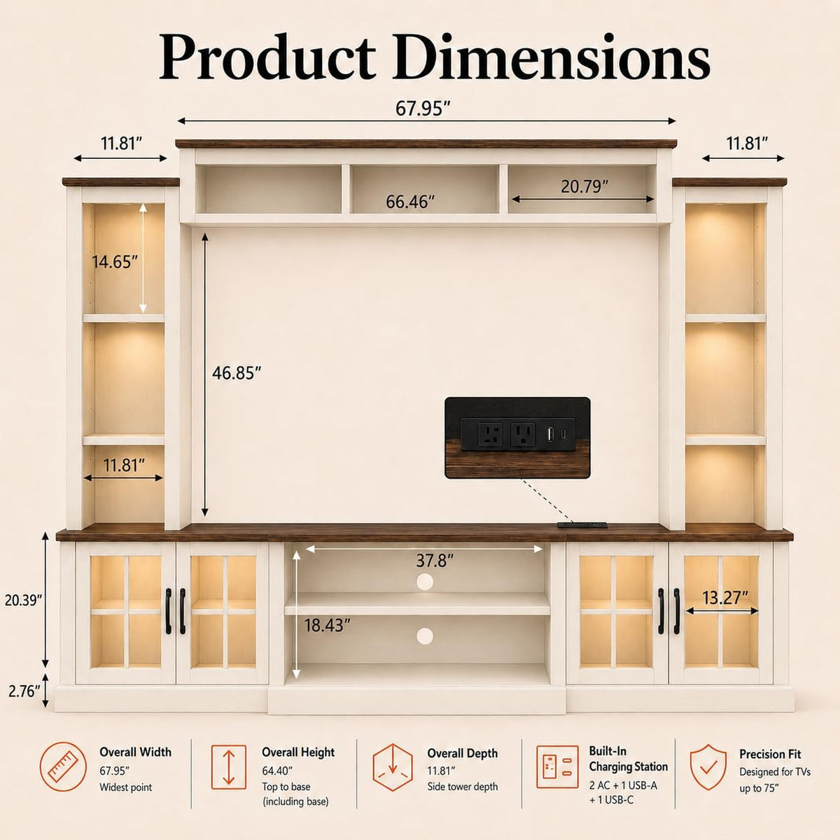 White Farmhouse TV Stand, Entertainment Center, 98" Wall Unit Media Console with Bookshelf, Cabinet & Power Outlets & Barn Doors, Fits TVs Up to 75â for Living Room