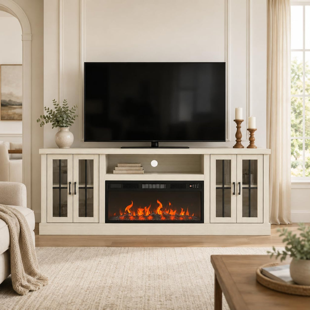 White Farmhouse TV Stand, Entertainment Center, 98" Wall Unit Media Console with Bookshelf, Cabinet & Power Outlets & Barn Doors, Fits TVs Up to 75â for Living Room