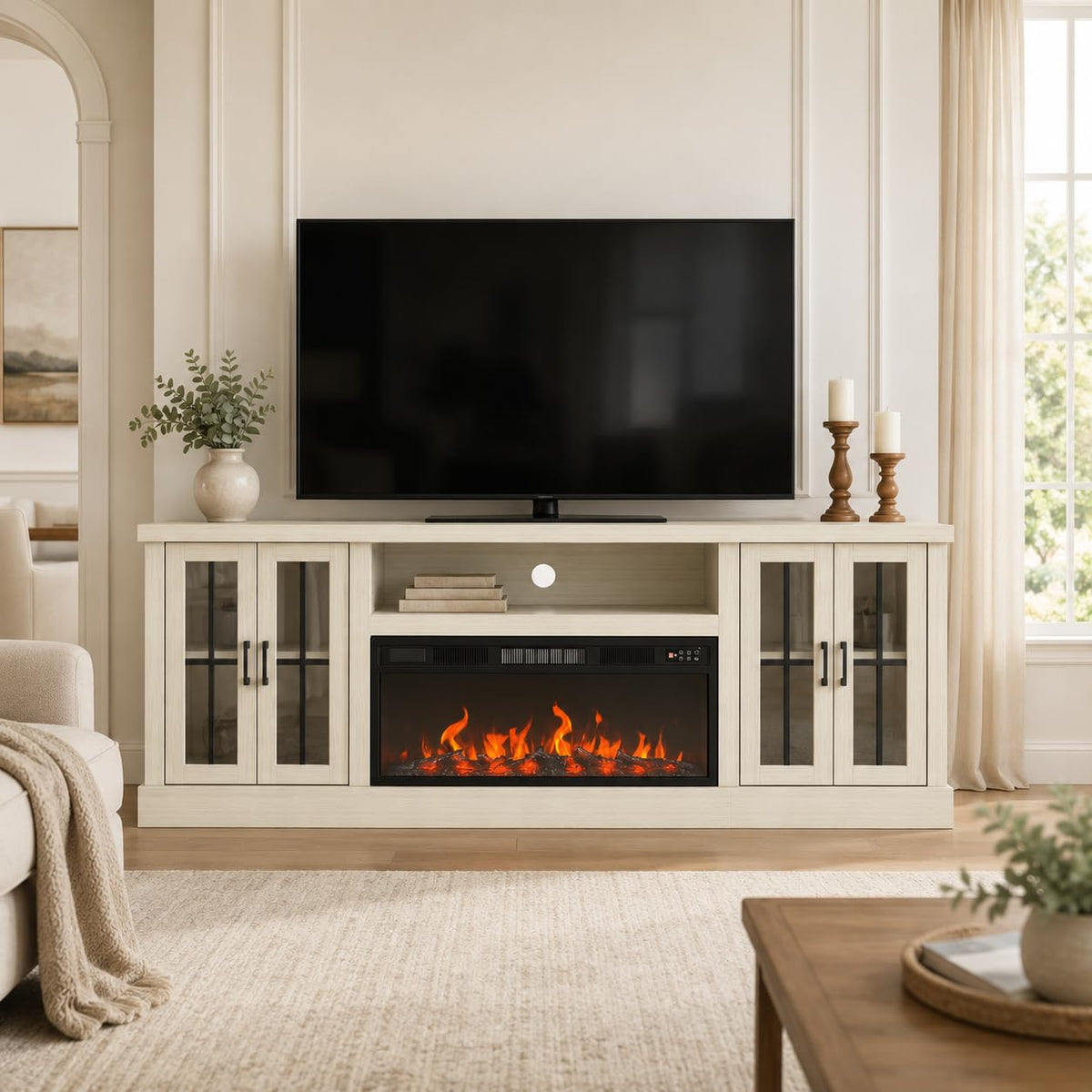 White Farmhouse TV Stand, Entertainment Center, 98" Wall Unit Media Console with Bookshelf, Cabinet & Power Outlets & Barn Doors, Fits TVs Up to 75â for Living Room