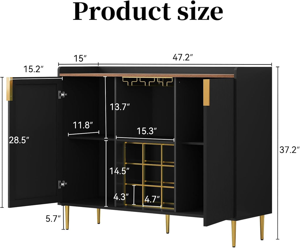ARTPOWER 48" Wine Bar Cabinet with Fluted Texture, Buffet Sideboard, Black