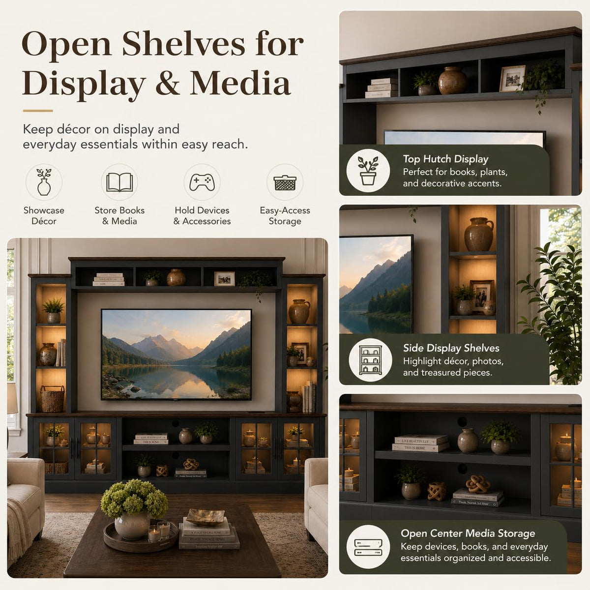 White Farmhouse TV Stand, Entertainment Center, 98" Wall Unit Media Console with Bookshelf, Cabinet & Power Outlets & Barn Doors, Fits TVs Up to 75â for Living Room