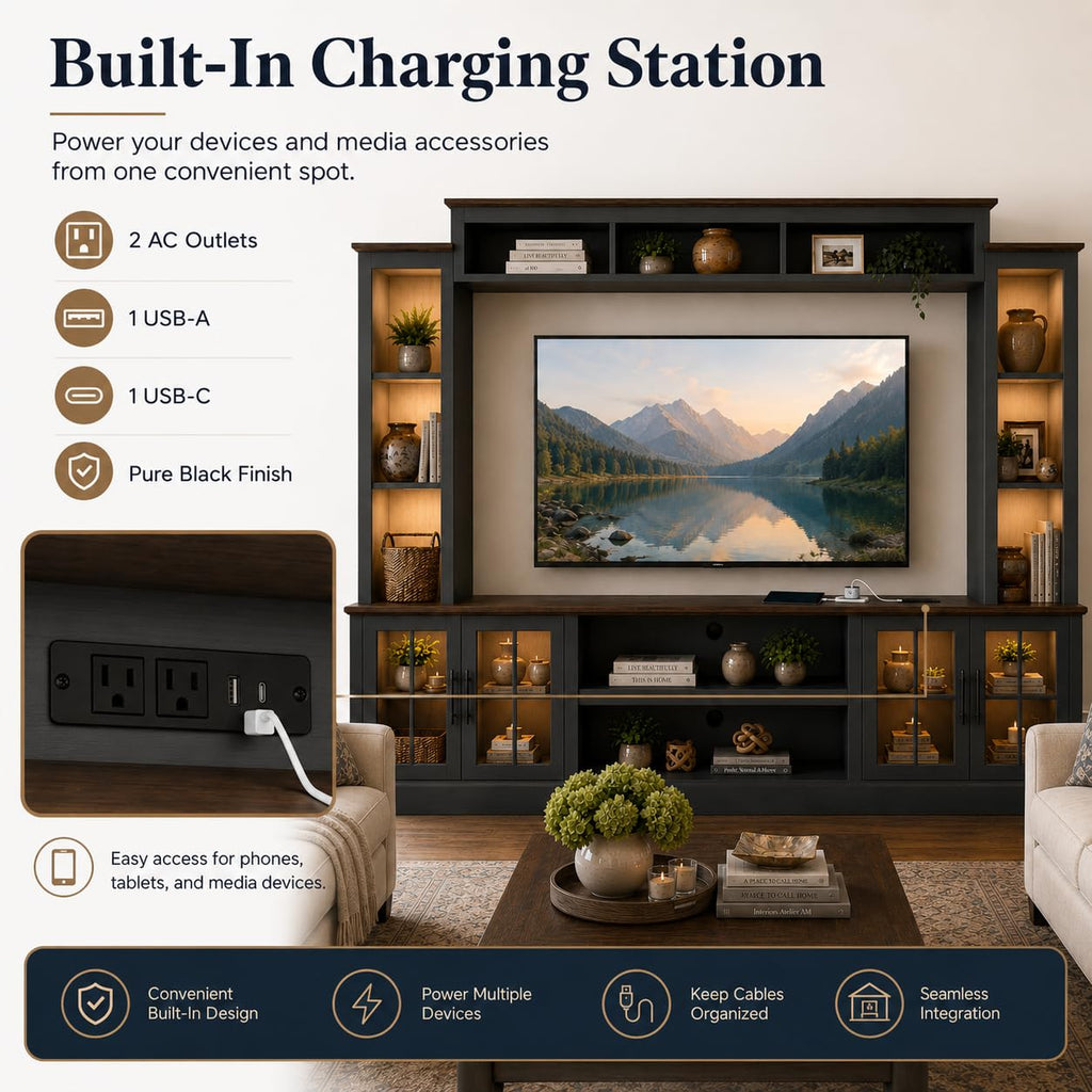 White Farmhouse TV Stand, Entertainment Center, 98" Wall Unit Media Console with Bookshelf, Cabinet & Power Outlets & Barn Doors, Fits TVs Up to 75â for Living Room