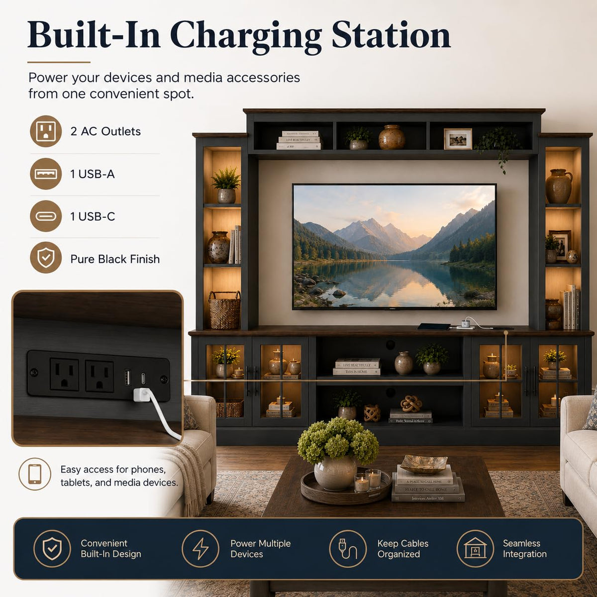 White Farmhouse TV Stand, Entertainment Center, 98" Wall Unit Media Console with Bookshelf, Cabinet & Power Outlets & Barn Doors, Fits TVs Up to 75â for Living Room
