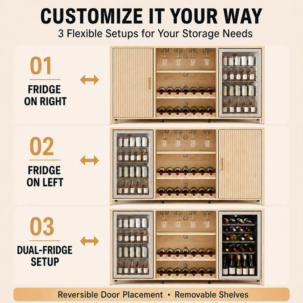 70" Large Coffee Bar Cabinet with Power Outlet, Mini Fridge Cabinet with Adjustable Shelf Wine Rack Glass Holder Liquor Wine Storage, Walnut Fluted Buffet Sideboard Table for Kitchen Dining Room