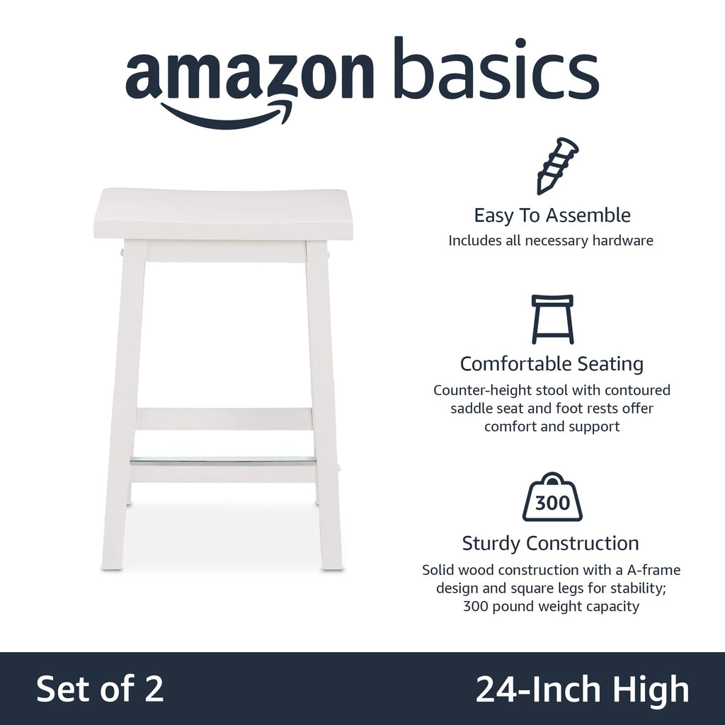 Amazon Basics Solid Wood Saddle-Seat Counter Height Bar Stools for Kitchen Island with Footrest, 24-Inch Height, Walnut, Set of 2