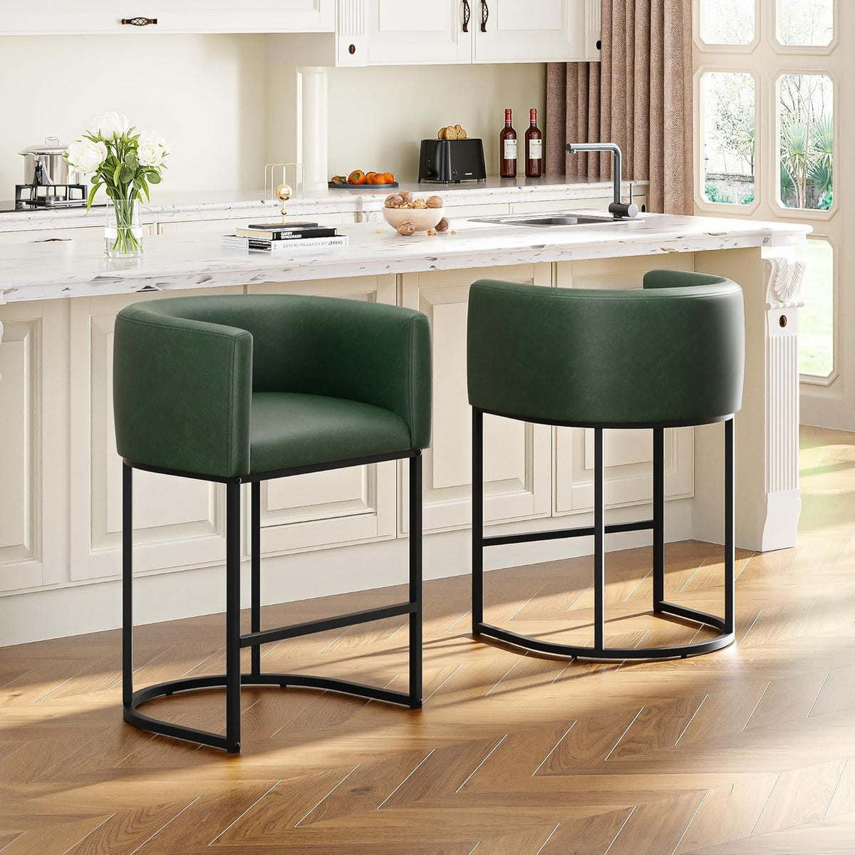 26" H Counter Height Bar Stools Set of 2, Modern Barrel Counter Stools with Backrest and Arms, Linen Fabric Upholstered Accent Barstools for Kitchen Island,Support 450 LBS (Beige)
