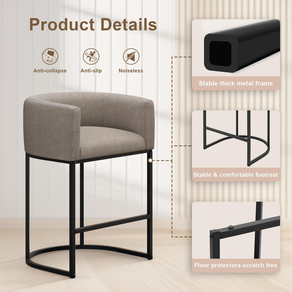 26" H Counter Height Bar Stools Set of 2, Modern Barrel Counter Stools with Backrest and Arms, Linen Fabric Upholstered Accent Barstools for Kitchen Island,Support 450 LBS (Beige)