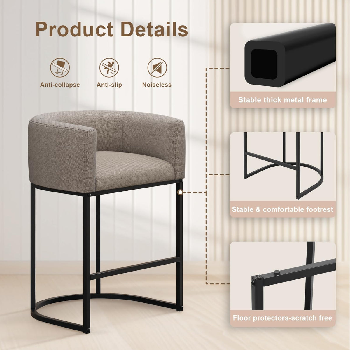 26" H Counter Height Bar Stools Set of 2, Modern Barrel Counter Stools with Backrest and Arms, Linen Fabric Upholstered Accent Barstools for Kitchen Island,Support 450 LBS (Beige)