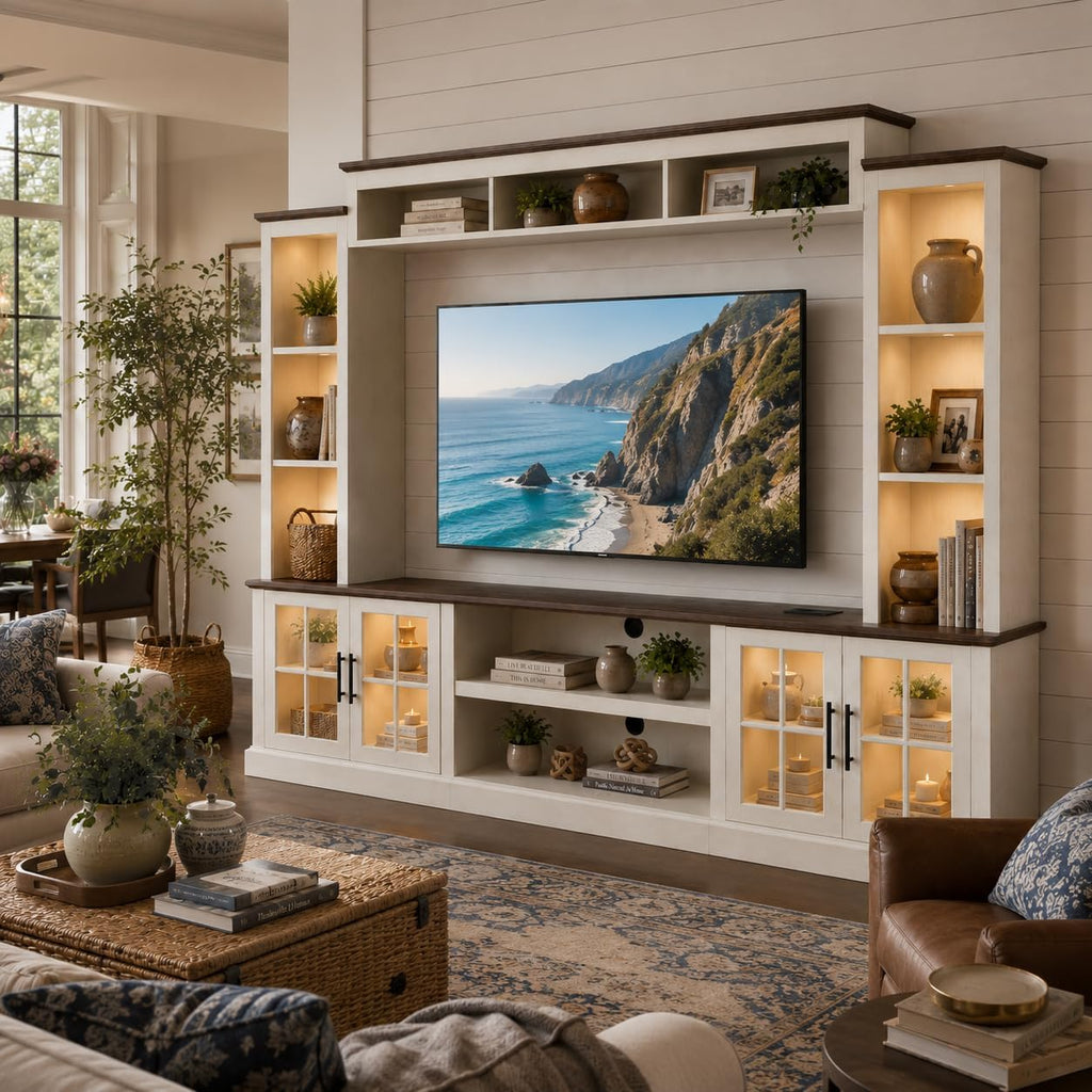 White Farmhouse TV Stand, Entertainment Center, 98" Wall Unit Media Console with Bookshelf, Cabinet & Power Outlets & Barn Doors, Fits TVs Up to 75â for Living Room