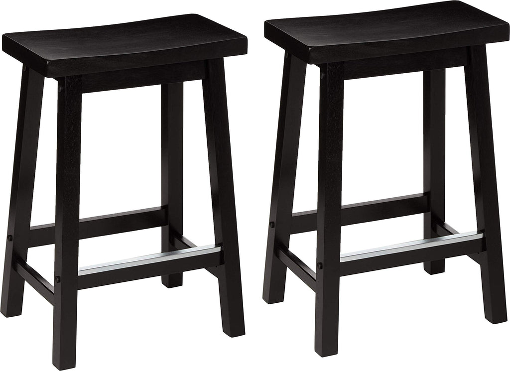 Amazon Basics Solid Wood Saddle-Seat Counter Height Bar Stools for Kitchen Island with Footrest, 24-Inch Height, Walnut, Set of 2