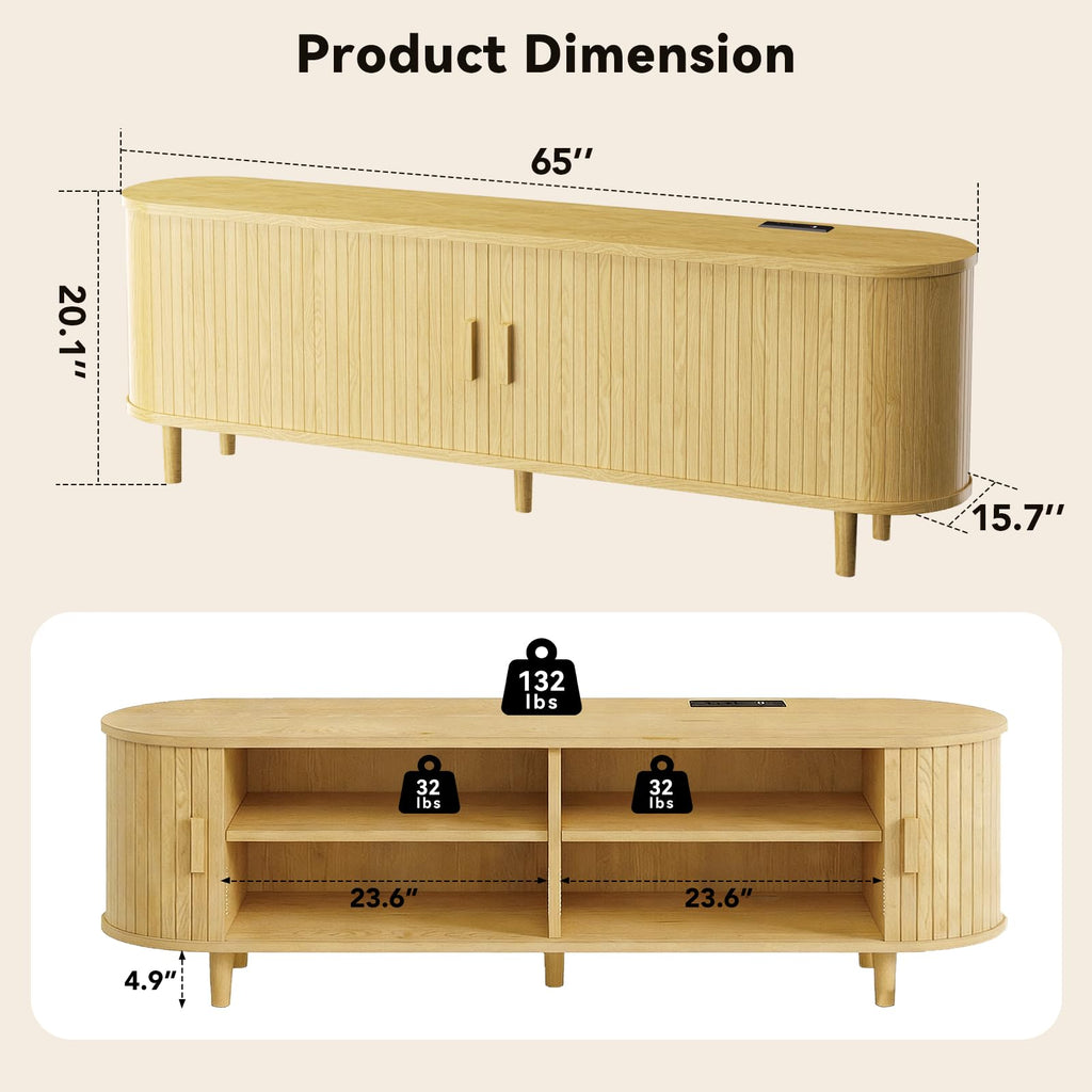 65" Mid Century Modern TV Stand with Power Outlet, Fluted Entertainment Center with Storage and Adjustable Shelves, Wood TV Console with Sliding Doors for Living Room, Walnut