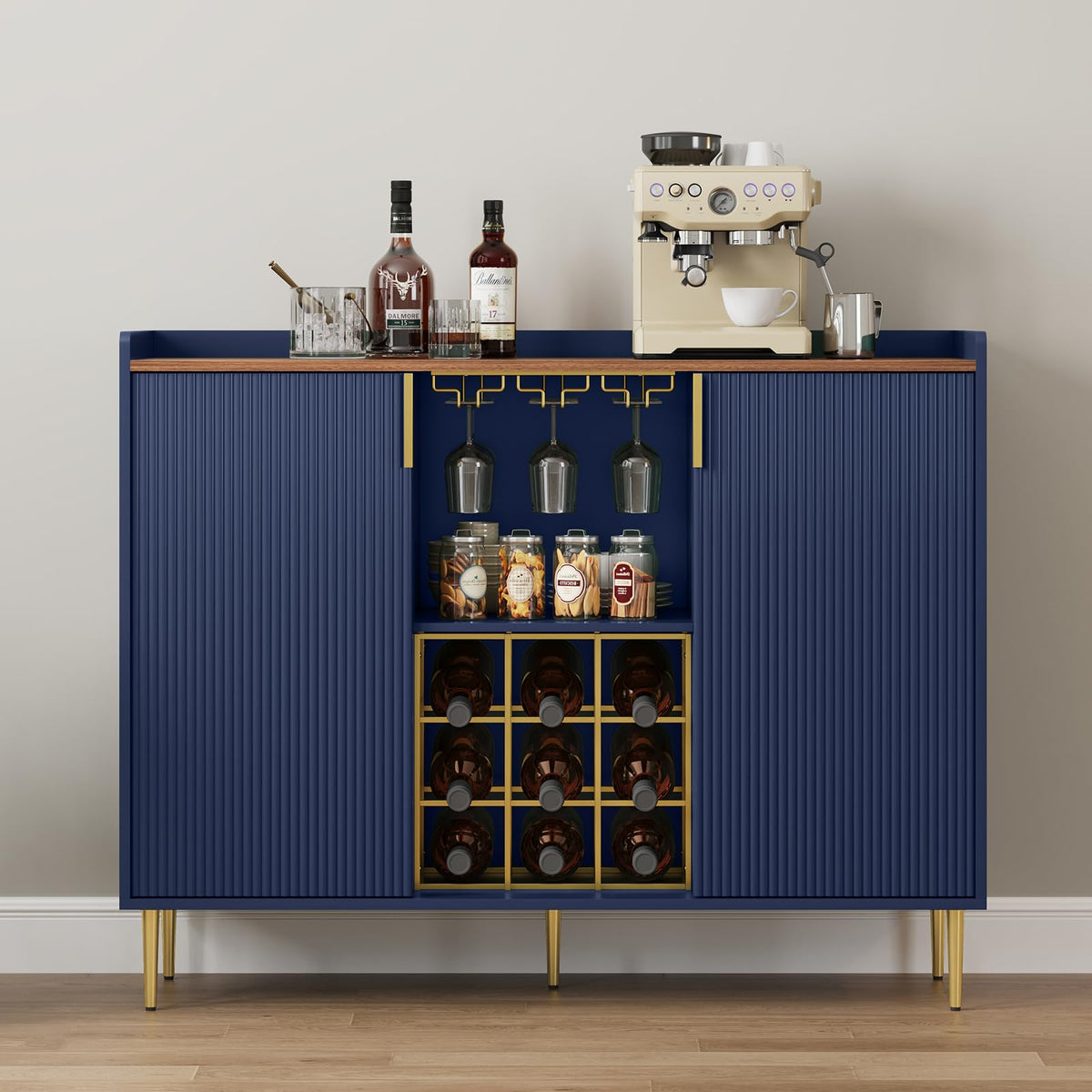 ARTPOWER 48" Wine Bar Cabinet with Fluted Texture, Buffet Sideboard, Black
