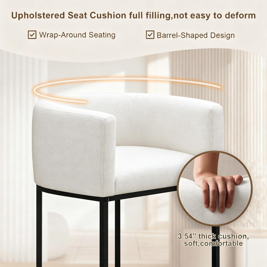 26" H Counter Height Bar Stools Set of 2, Modern Barrel Counter Stools with Backrest and Arms, Linen Fabric Upholstered Accent Barstools for Kitchen Island,Support 450 LBS (Beige)
