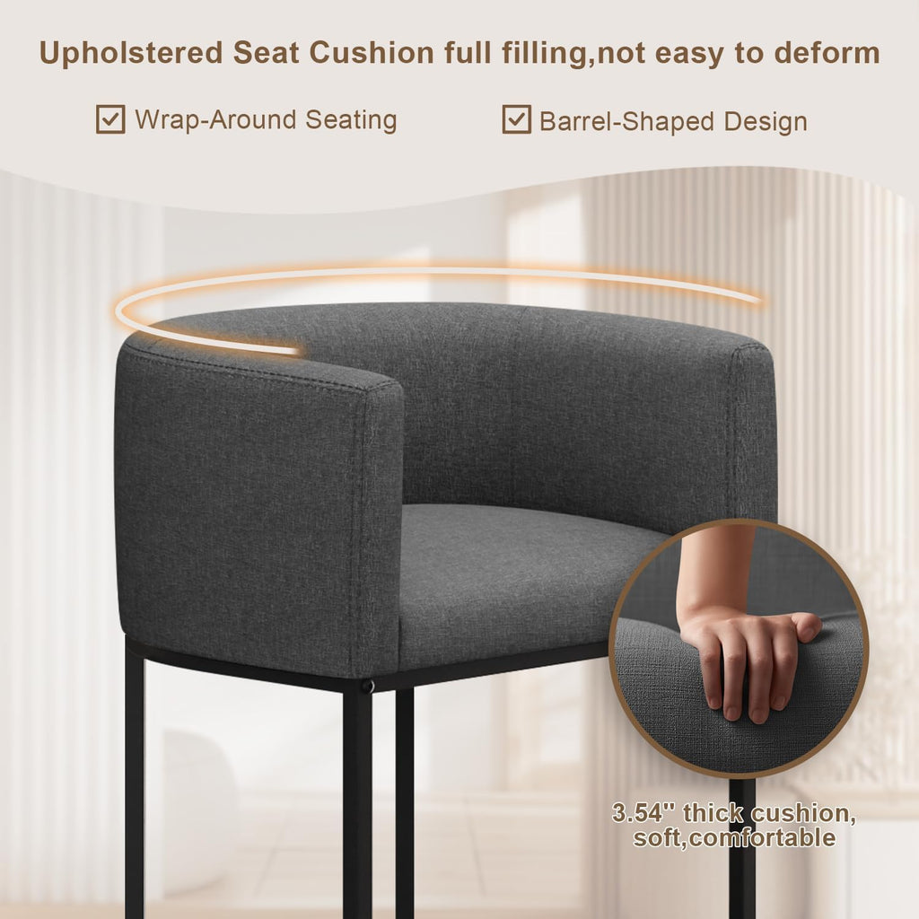26" H Counter Height Bar Stools Set of 2, Modern Barrel Counter Stools with Backrest and Arms, Linen Fabric Upholstered Accent Barstools for Kitchen Island,Support 450 LBS (Beige)