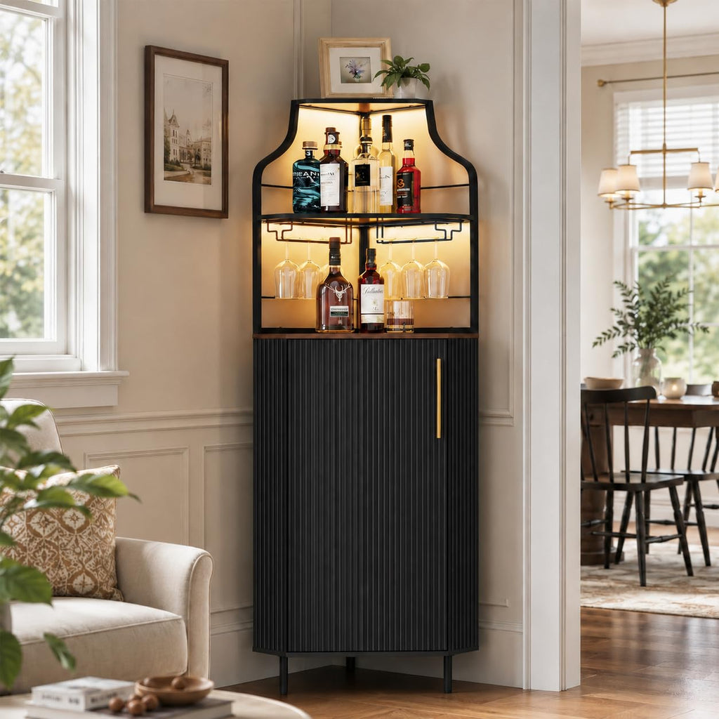 ARTPOWER Corner Bar Cabinet with LED Strip, 4-Tiers Liquor Cabinet, Green