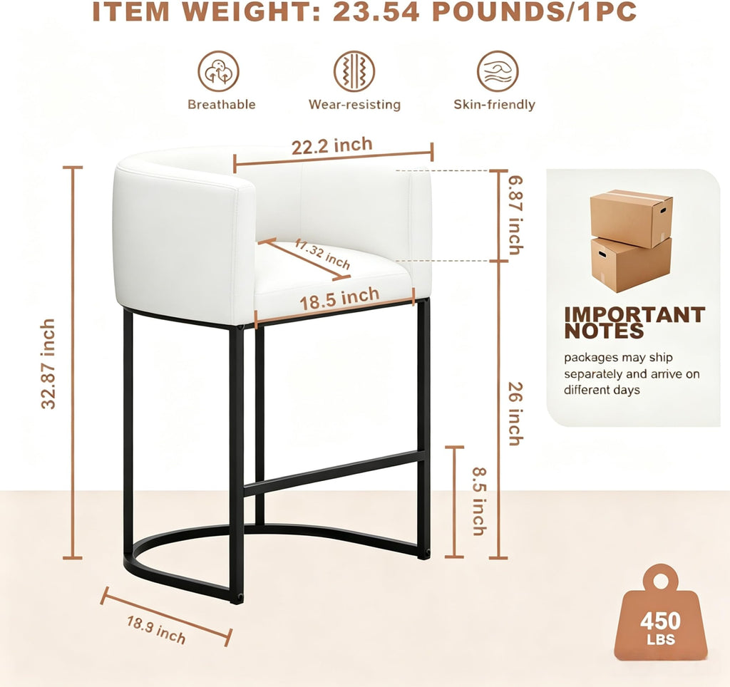 26" H Counter Height Bar Stools Set of 2, Modern Barrel Counter Stools with Backrest and Arms, Linen Fabric Upholstered Accent Barstools for Kitchen Island,Support 450 LBS (Beige)